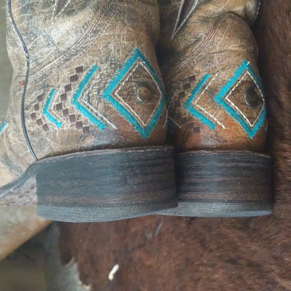 CORRAL E1024 Brown/turquoise aztec distressed cowgirl boots square toe sz 7.5 - Picture 14 of 16